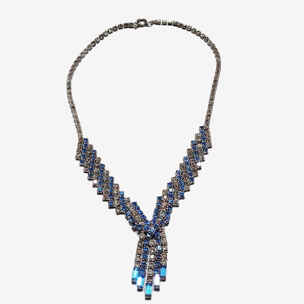 Vintage Art Deco Blue & White Rhinestone Waterfall Necklace